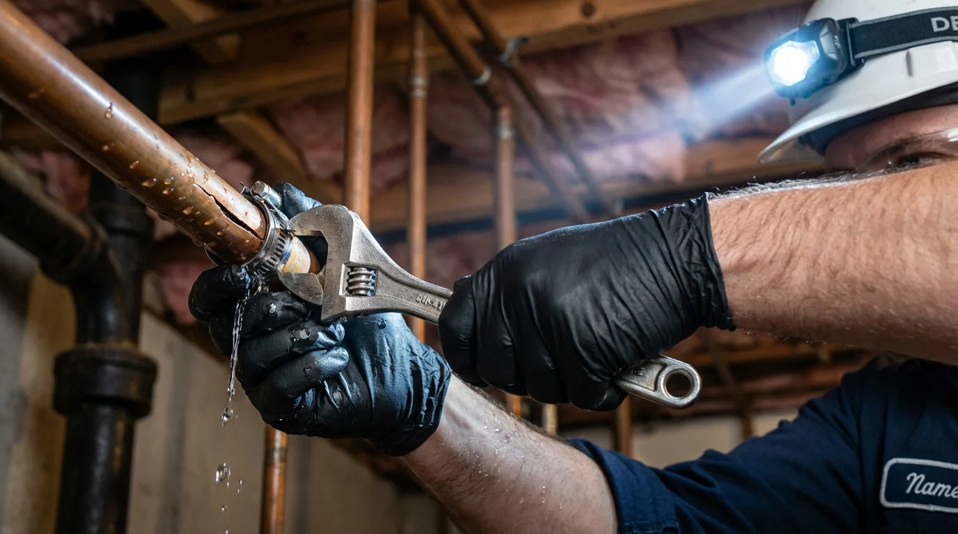 Emergency pipe clamp repair being performed by a Johns Plumbing LLC plumber in Ponchatoula