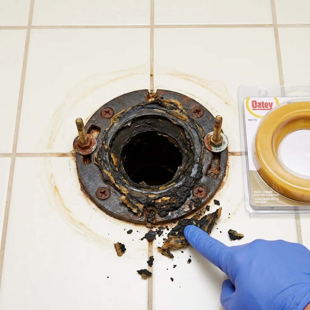 Failed wax ring showing water seepage at the base of a toilet in a Ponchatoula, LA home