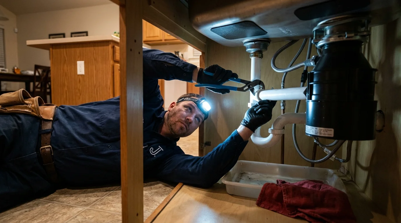 P-trap and supply line connections under a kitchen sink showing a common leak point in Ponchatoula, LA